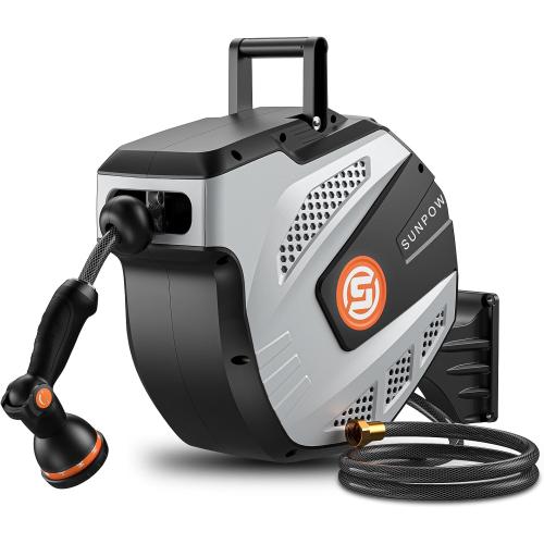 Black Grey and Orange SUNPOW Retractable Garden Hose Reel - 1/2 inch x 50ft Wall Mounted Hose Reel with 3/4 inch Brass Fitting & 10 Function Sprayer Nozzle - Any Length Lock, Auto Rewind System, 180°Swivel Bracket - Grey