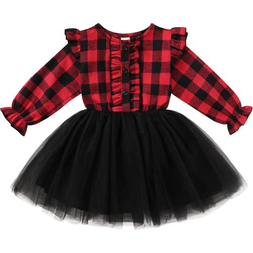 Toddler Kids Girls Clothes Christmas Dress Ruffle Red Plaid Black Mesh Skirt Outfits Overall Fall Winter 4-5Y