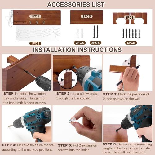 Light up Guitar Stand Wall Mount Wood Hanger Shelf with Pick Holder and 3 Hooks for Acoustic Electric Bass Ukulele Violin Guitar Gifts for Musicians Music Lovers Guitarist (Dark Color)
