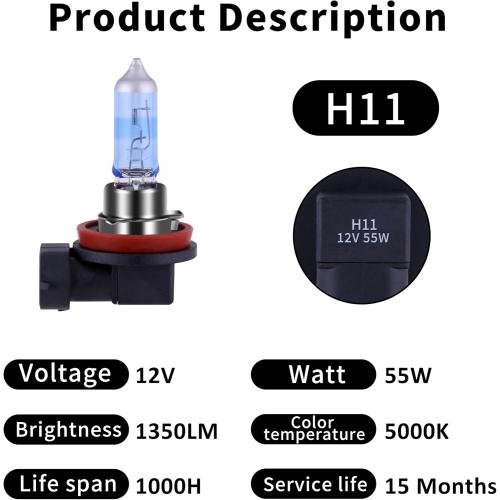 H11 Headlight Bulb 5000K Super White Light Long Life Replacement PGJ19-2 12V/55W (H11, 2 Pack)