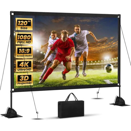 120inch Projector Screen with Stand: Portable Projector Screen Outdoor Indoor Front/Rear16:9 4K HD with Carry Bag Sandbag- Movie Screen for Backyard Moive Night, Camping, Theater