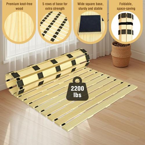 Japanese Tatami Mat Floor Bed, Knotless Solid Wood, Roll-Up Slatted Bed Plate with 2 Storage Straps, Moisture-Proof and Breathable for Floor Sleeping or Futon Mattress, Queen