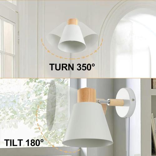 White Plug in Wall Sconces with Switch for Bedroom, Modern Rotation Wall Lamps Up Down E26 Mounted Fixture Wood Metal Lighting Switch Bedside Decor Reading Lights for Kids Bedroom, Living Room