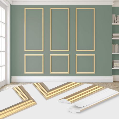 DODOKIE Peel and Stick Wall Molding Kit of 3pcs, Pre Cut Wall Wainscoting Panels for Interior Wall Décor Living Room Decoration, Self-Adhesive Waterproof Paintable Ready to Assemble Gold（24 * 78 in）
