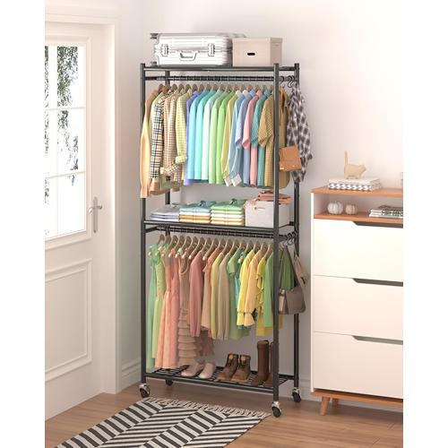 Sakugi Clothes Rack - 33.0 x 12.2 x 79.5 Clothing Rack with Shelves & Wheels, Multi-Functional Wardrobe Closet with Hooks, Sturdy Metal Garment Rack for Bedroom, Laundry, Balcony (Black)