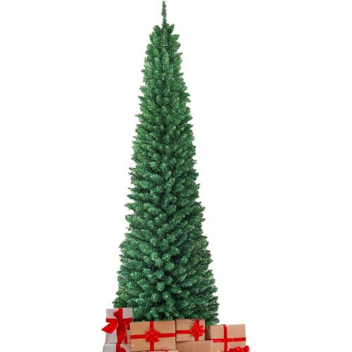 7.5ft Artificial Pencil Christmas Tree, Unlit Slim Xmas Pine Tree w/ Branch Tips, Metal Foldable Base, Ideal for Holiday Home Office Party Decor, Green