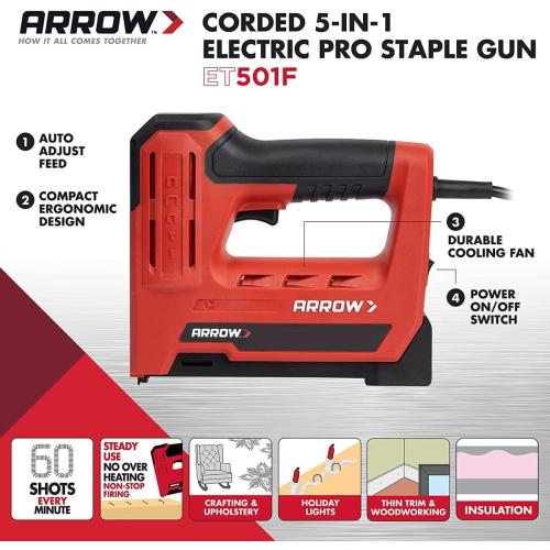 Arrow ET501F Corded 5-in-1 Professional Electric Staple and Nail Gun, Wire Stapler, and Brad Nailer for Upholstery, Framing, Insulation, Crafts, Fencing, and Cable, Black/Red
