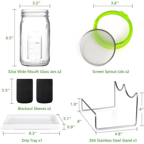 Kitmiido Seed Sprouting Kit, 2 Large Wide Mouth Mason Jars with Sprout Lids, Blackout Sleeves, Drain Tray, Stainless Steel Stand, Sprouts Growing Kit for Bean, Broccoli, Alfalfa (Yellow Green)