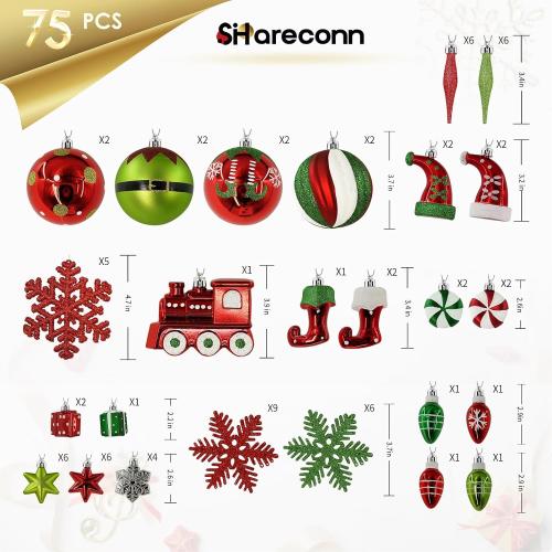 SHareconn 2025 Classic Christmas Balls Ornaments Set, Elf Boots Theme Shatterproof Plastic Decorative Hanging Baubles Bulk for Xmas Tree Decor/Holiday/Party/Wedding, Red Green & White