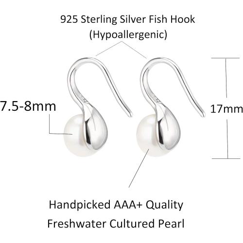 925 Sterling Silver Hoop Handpicked AAA  Quality 7.5-8mm White Freshwater Cultured Pearl Dangle Drop Earrings Jewelry for Women