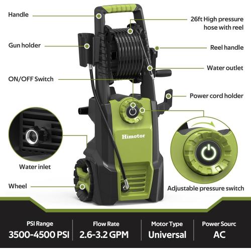 Green and Black Pressure Washer with Adjustable PSI Switch, 4500PSI Max 3.0 GPM Electric Power Washer with 5 Nozzles & 500ml Foam Cannon, Portable High Pressure Washer for Cars, Fences, Patios and Driveway Cleaning