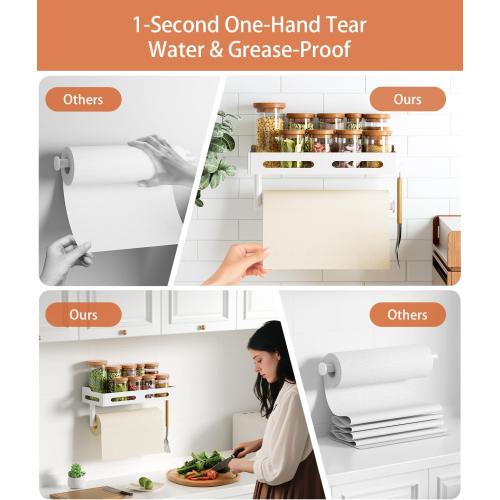 Paper Towel Holder Wall Mount with Shelf, Easy One Hand Tear, Adhesive Glue or Drill Mount Hanging Paper Towel Holder with Shelf for Kitchen/Bathroom/RV, White Metal, 4 Hooks