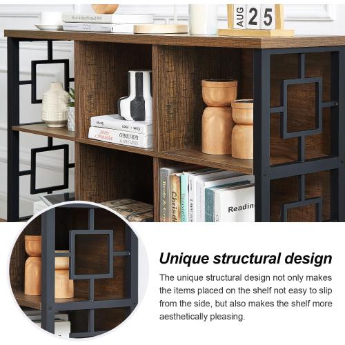 HOMISSUE 6 Cube Storage Organizer Shelf, Rustic Short Bookshelf with 3 Storage Bins, Industrial Horizontal Bookshelf with Metal Frame, Low and Wide Cube Bookcase for Living Room and Office, Brown
