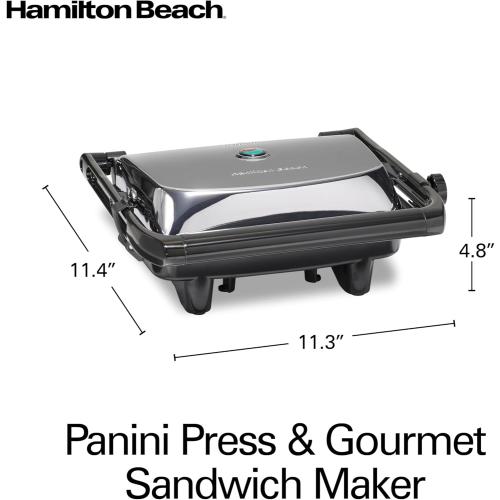 Hamilton Beach Panini Press Sandwich Maker & Electric Indoor Grill with Locking Lid, Opens Wide to Fit Any Thickness for Quesadillas, Burgers & More, Nonstick 8 x 10 Grids, Chrome (25460MNA)