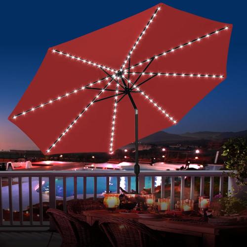 Sundale Outdoor OLEFIN Solar Patio Umbrella with Sand Bag Umbrella Base, LED Outdoor Umbrella with Tilt and Crank