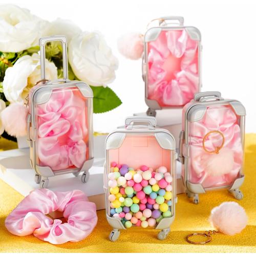 LemonRoad 15 Pcs Mini Suitcase Empty Storage Box and Plush Ball Keychain Candy Luggage Containers Packaging Case for Galentine Bridal Shower Baby Shower Party Favors Travel Gifts (Pink)