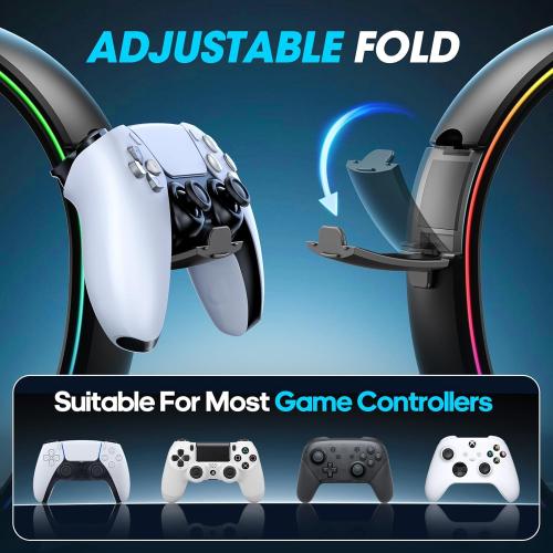 KDD RGB Headphone & Controller Stand with 9 Light Modes - Foldable Controller Hanger for Desk - Earphone Stand with Cable Organizer - for Gamers Desktop Accessories