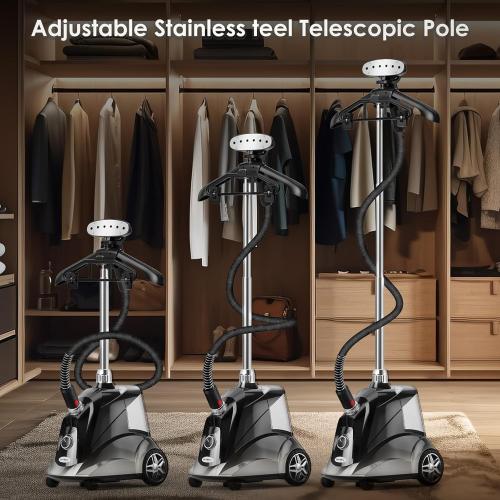 Color Black Steamer for Clothes, Jenaely 1500W Standing Garment Steamers, 35s Fast Heat-up, 80 Mins of Continuous Powerful Steam with 2.8L Water Tank, Pants Clip & Children's Clothing Hanger