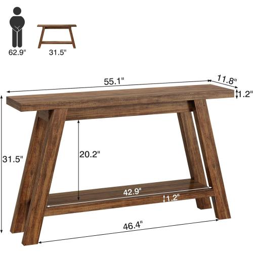 Console Table, 55-Inch Entryway Table with Storage 2-Tier Narrow Wood Console Table Behind Couch Sofa Tables for Living Room, Entryway, Hallway (Light Brown)