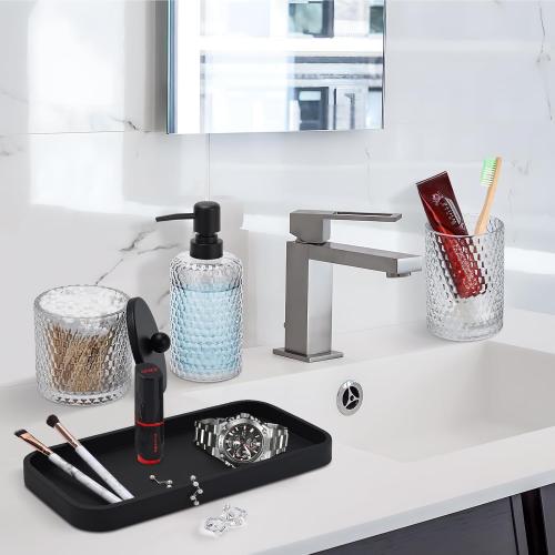 Bathroom Accessory Set,4 Pcs Clear Glass Bathroom Accessories Set-Lotion Soap Dispenser,Toothbrush Holder,Qtip Holder Dispenser & Resin Vanity Tray,Countertop Vanity Organizer,Crystal Clear