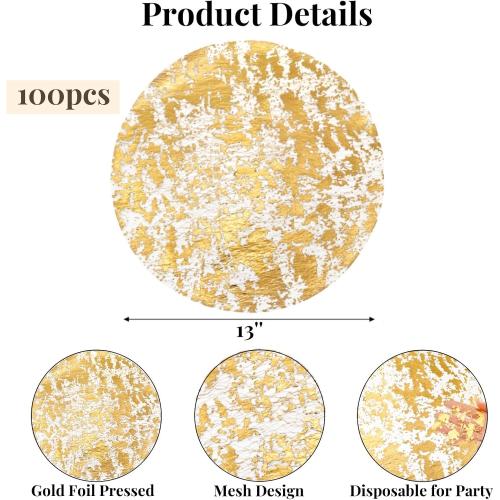 50 Pieces Gold Placemats, 13 Inch Disposable Round Foil Table Mats Bulk, Metallic Mesh Pressed Table Doilies Runners for Home Decor, Dining Table, Birthday Party, Wedding