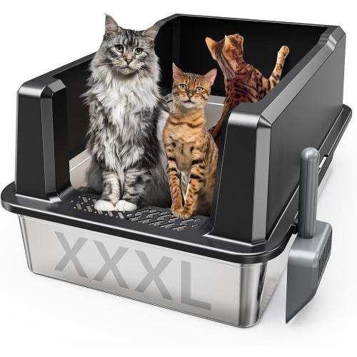 Tripamin XXL Stainless Steel Litter Box with High Sides 26x18x12 Extra Large Metal Litter Box for Big Cats & Multiple cat, Jumbo Top Entry Litter Pan with lid (Black, XX-Large)