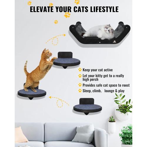 Wooden Cat Wall Shelves with 3 Steps – Space-Saving Wall Mounted Cat Tree Set, Modern Climbing Wall Furniture & DIY Shelves Kit for Small Apartments, Cat Bed for Sleeping, Playing and Climbing