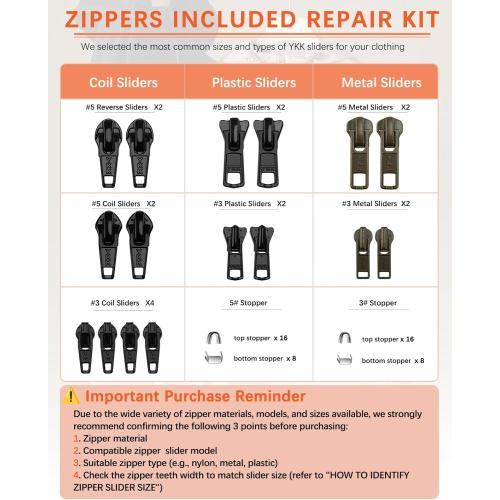 Zipper Repair Kit for YKK Metal, Molded Plastic & Coil Zippers, Compatible with YKK #3#5 Sizes,Replacement Sliders & Pulls for Clothing, Bags & Outdoor Gear