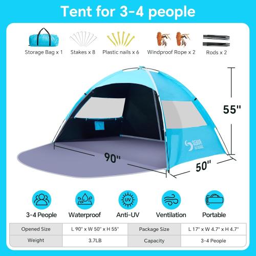 Beach Tent, Beach Shade Portable Tent for 2-3 Person with UPF 50