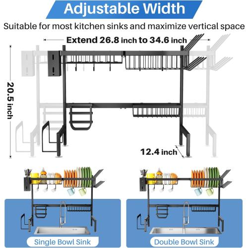 Over The Sink Dish Drying Rack - Adjustable Dish Rack for Kitchen Counter, Metal (Black)