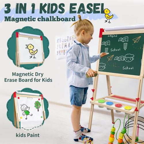 Easel for Kids,Adjustable Wooden Art Easel for Kids,114  Art Supplies,Double Sided Magnetic Chalkboard and White Board for Kid,Drawing and Painting for Aged 2-4,5-7,8-12,2 Paper Rolls