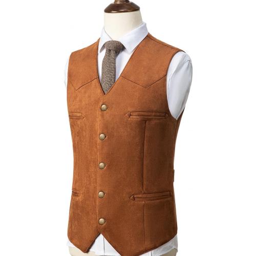Men's Cowboy Suede Faux Leather Suit Vest Casual Western Cowhide Vest Vintage Slim Fit Waistcoat XL