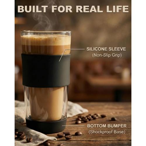 14oz Double Walled Glass Coffee Tumbler with Full Glass Lid & Silicone Sleeve - Non-Slip Insulated Travel Mug with Protective Bottom Bumper - 100% Plastic-Free