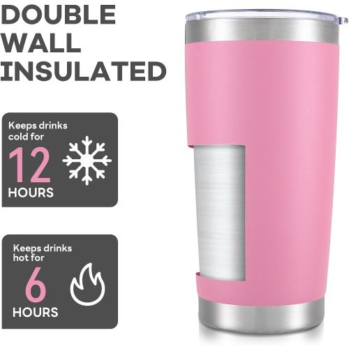 20 oz Tumbler with Lid Stainless Steel Double Wall Vacuum Insulated Tumblers Powder Coated Cups Travel Mug Keep Drinks Cold and Hot, Pink