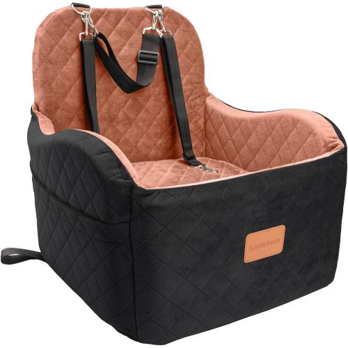 Lealchum Dog Booster Car Seat for S/M Dogs Up to 35lbs,Soft 6in Elevated Cushion,Fits in Front/Back Seat,Fully Detachable and Washable,2 Storage Pockets & 3 Straps,Easy to Install (Black/Brown,Medium)