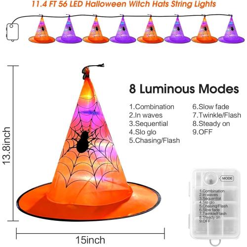 Twinkle Star 8 Pcs Lighted Hanging Witch Hats, Halloween Decorations Lighted Witch Hats with Remote Control String Lights, Battery Powered with 8 Lighting Modes for Garden, Yard, Tree