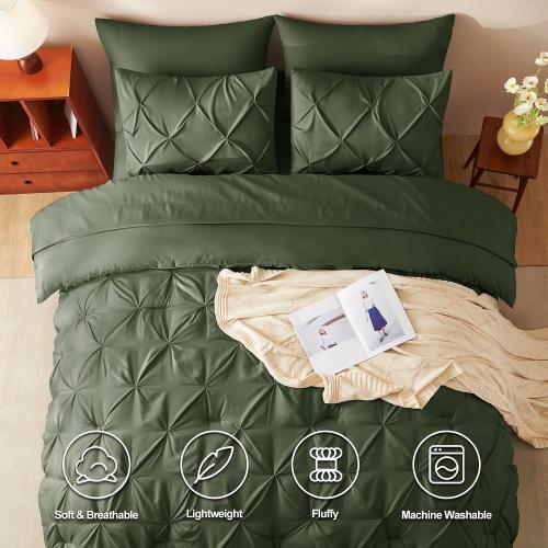 CozyLux California King Comforter Set Olive Green, 7 Pieces Cal King Pintuck Bed in A Bag, Pinch Pleat Bedding Sets with All Season Comforter, Flat Sheet, Fitted Sheet, Pillowcases & Shams