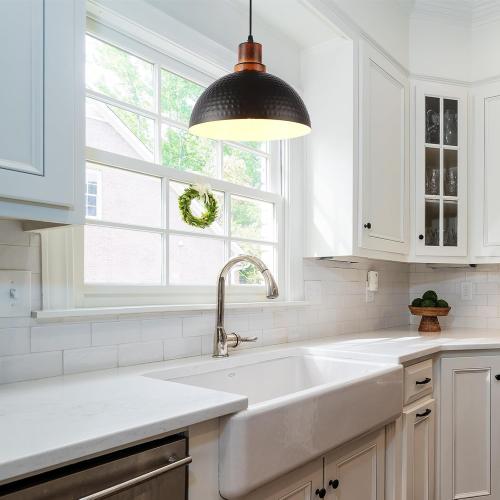 Size 11.8 Color Black Pendant Lights Kitchen Island, 11.8 Hammered Metal Black Dome Pendant Lighting Black and Wood Pendant Light Fixture Hanging Ceiling Light for Dining Living Room Restaurant Sink