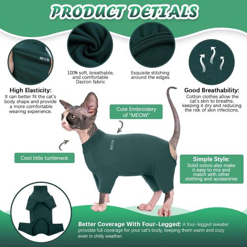ROZKITCH Sphynx Cat Clothes, Breathable Soft Cat Jumpers for Cats Only, Coat with Four Legs, Warm Sweater T-Shirt Pajamas Jumpsuit Vest Cornish Rex Devon Rex Peterbald DarkGreen XXL