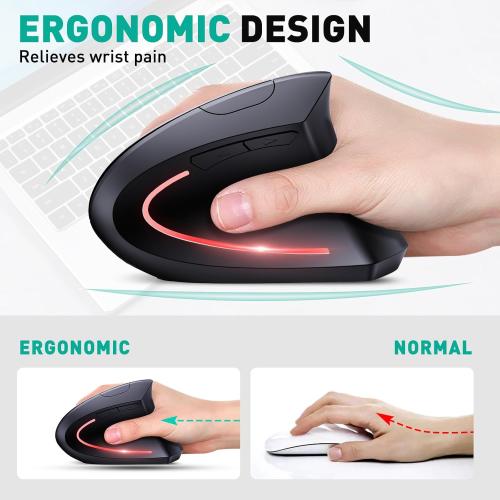 Bluetooth and 2.4G (2-in-1) Rechargeable Wireless Mouse, Ergonomic Vertical Design, 1000/1200/1600 DPI, 6 Silent Buttons, for Laptop, Computer, PC, MacBook, Chromebook-Black