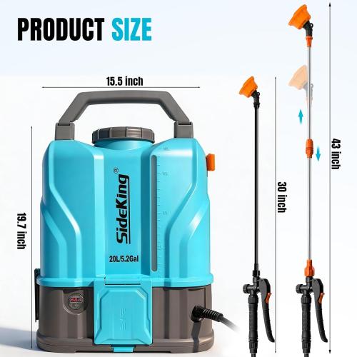 SideKing 5.2 Gallon Battery Powered Backpack Sprayer, 120 PSI Powerful Electric Sprayer Compatible with DeWalt 20V Battery, Max 1.0 GPM, 5 Nozzles & 2 Spray Wands for Lawn, Yard, Weed & Pest Control