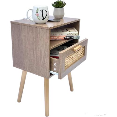 Nightstand with Charging Station, Rattan Side Table Small Wood End Table for Living Room, Bedroom, Mid Century Modern Nightstand, Easy Assembly (Natural) (Set to of 2)
