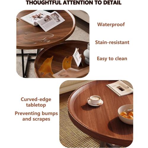20 inches Round Coffee Table, Wooden Surface Top & Sturdy Metal Legs Coffee Table with Fluted, End Table for Living Room Bedroom Office Balcony Yard (Walnut, 20 inches)