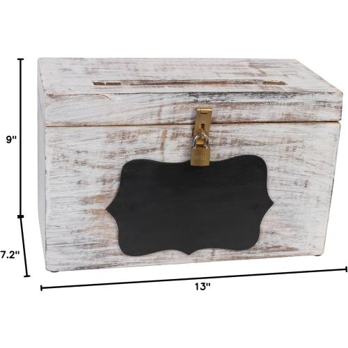 Wooden Decorative Wedding Card Box with Chalkboard & Card Slit including Lock 13X9X7.2- Gift Wishing Well Card Box for Weddings Party Cards Receptions Birthdays Graduations Honeymoon Baby Showers