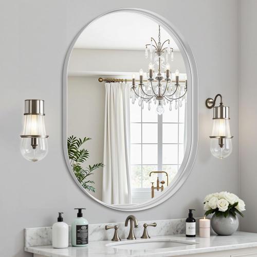Oval Bathroom Mirror, 22x30 Inch White Oval Wall Mirror with Metal Deep Frame, Mirrors for Wall Decor, Vanity, Entryway, Living Room, Horizontally/Vertically