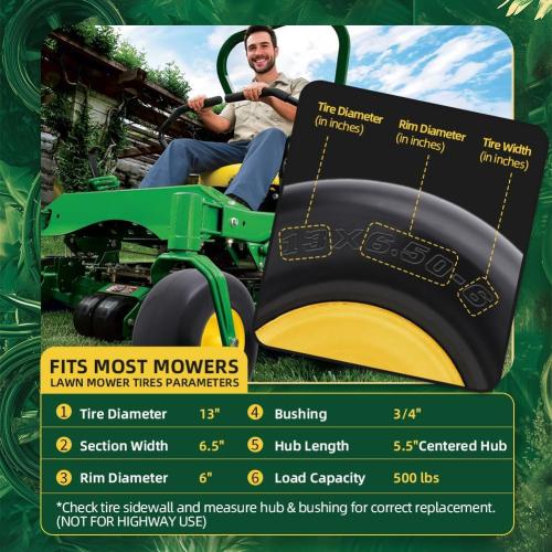13x6.50-6 Lawn Mower Tires Flat Free with Rim Assemblies (2 Pack),Universal 13x6.5-6 Solid Smooth Rubber Zero-Turn Lawn mowers Tire,5.5-7.72”Centered Hub and 3/4 extra 5/8 1/2” Bushings