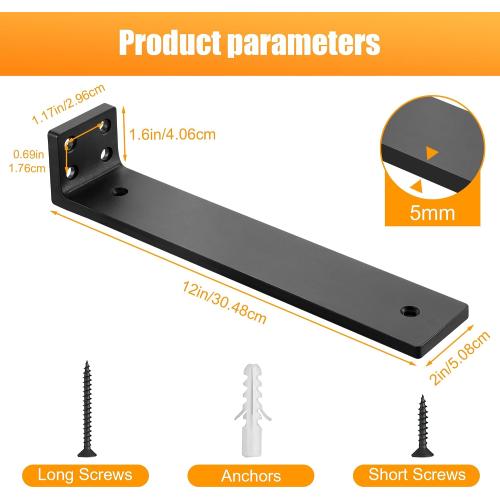 Floating Shelf Bracket 12 inch, Heavy Duty Wall Shelf Bracket Support, Hidden Metal L Brackets with Mounting Hardware (1/5'' Thick)