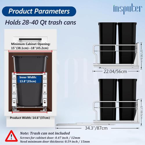 Insputer Dual Pull Out Trash Can Under Cabinet with Soft-Close Slides, Heavy Duty Under Sink Trash Can Kit for Kitchen Sink, Laundry, Garbage Can Not Included, Requires 17 W X 24 D Cabinets