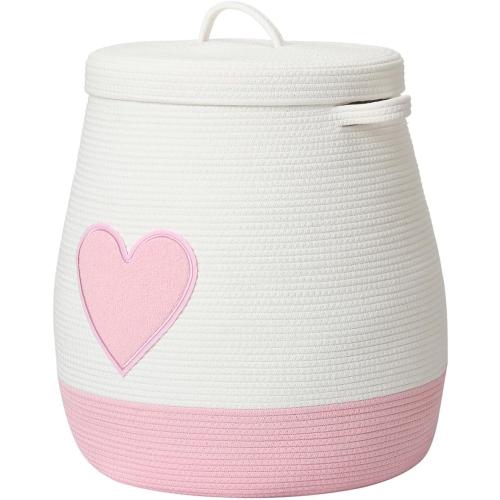 Pink and White 20 x 20 Extra Large Cotton Rope Storage Basket with Lid – Flagon Design – Perfect for Clothes, Blankets, and Living Room Organization (Pink Heart, 20x20)