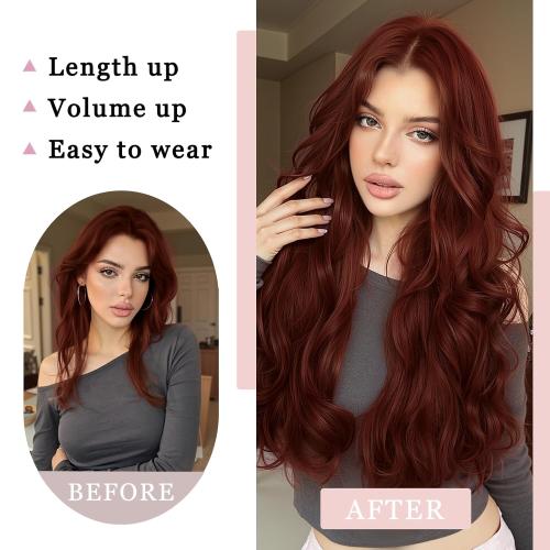 Clip In Hair Extensions One Piece 24 Inch Long Curly Synthetic Wavy Hair Extensions Clips Ins Natural Fluffy Clip On Extension Hair Pieces Thickened Hair Extension Clips for Women Copper Red
